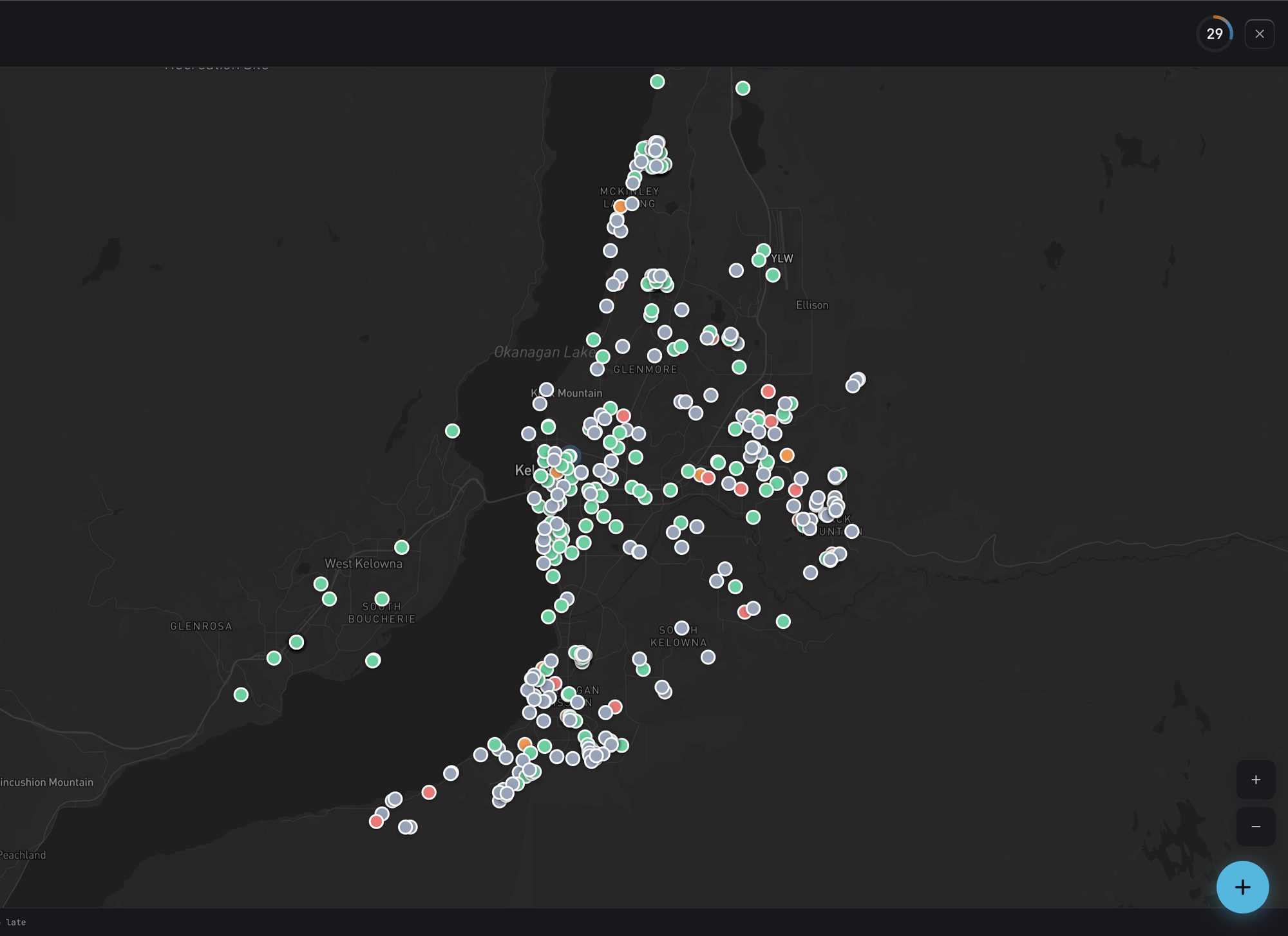 LeadX territory map — every active building permit in the Okanagan, color-coded by drive-time urgency, with a 30-minute isochrone around home base
