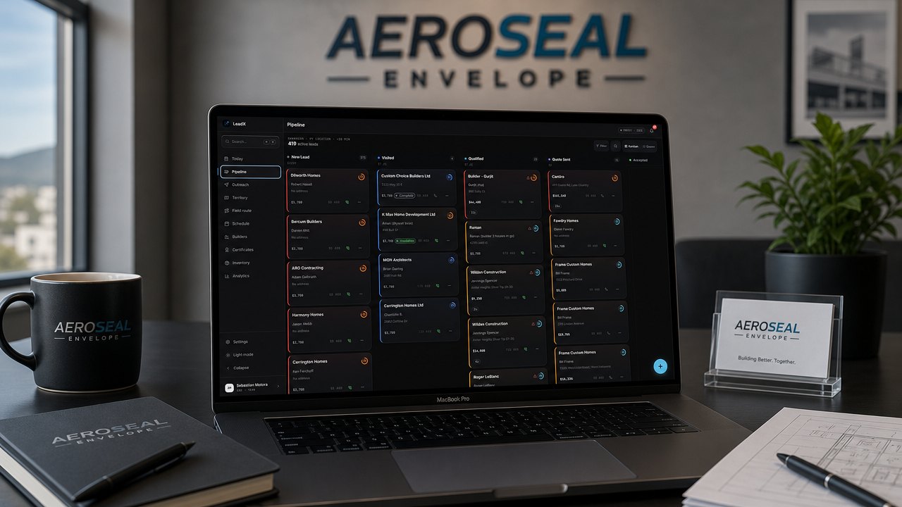 LeadX pipeline open on a laptop in an Aeroseal Envelope dealer's office
